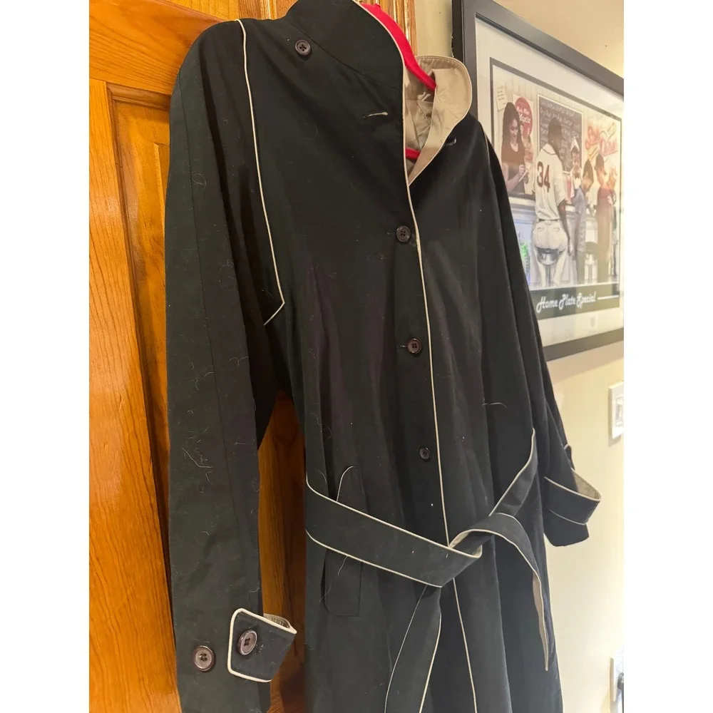 Foxland Belted Trench Coat Black Contrast Piping Long‎ Jacket Womens Lightweight